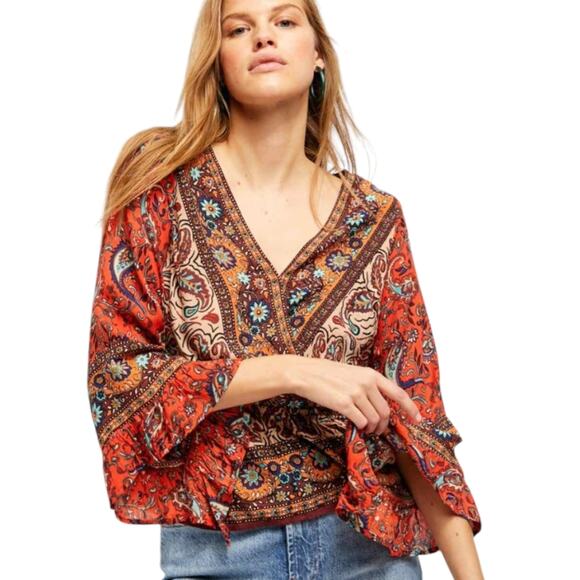 Free People Tops - Free People Rosalie Boho Floral Printed Peplum Hem Peasant Sleeve Wrap Top XS